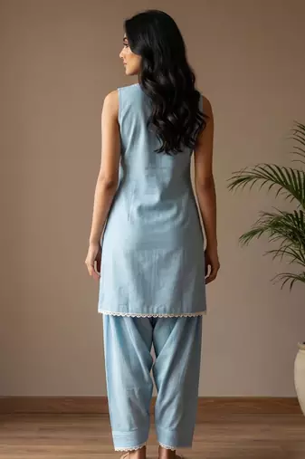 sky blue cotton kurta set with loose farshi salwar pants