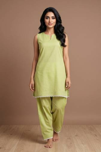 pista cotton kurta with loose farshi salwar set