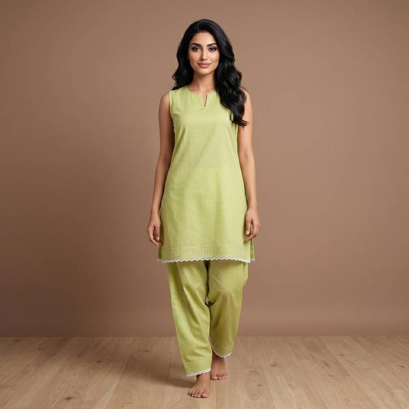 Pista slub cotton kurta with loose fit farshi salwar