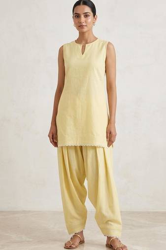 Yellow slub cotton kurta with loose fit farshi salwar