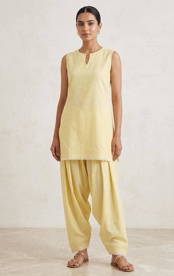 Yellow slub cotton kurta with loose fit farshi salwar