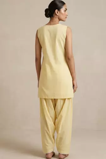 yellow slub cotton kurta set with farshi salwar pants