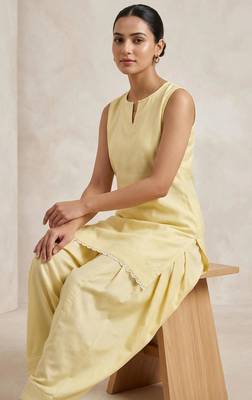 yellow slub cotton kurta set with farshi salwar pants 4