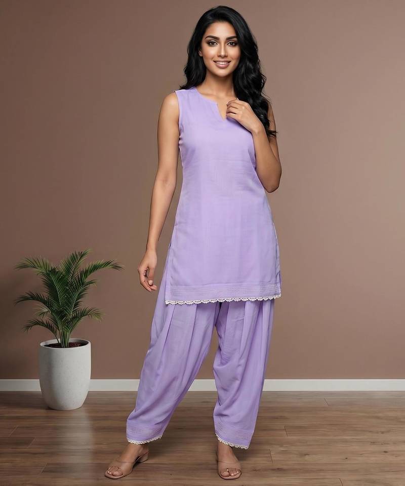 Lavender slub cotton kurta with loose fit farshi salwar