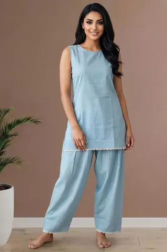 sky blue cotton kurta set with loose farshi salwar pants