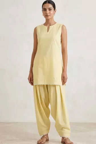yellow slub cotton kurta set with farshi salwar pants