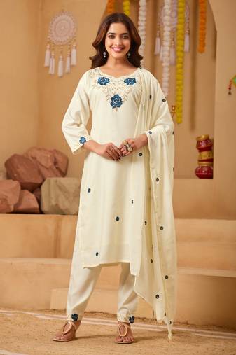 Elegant cream rayon embroidered kurti set with dupatta
