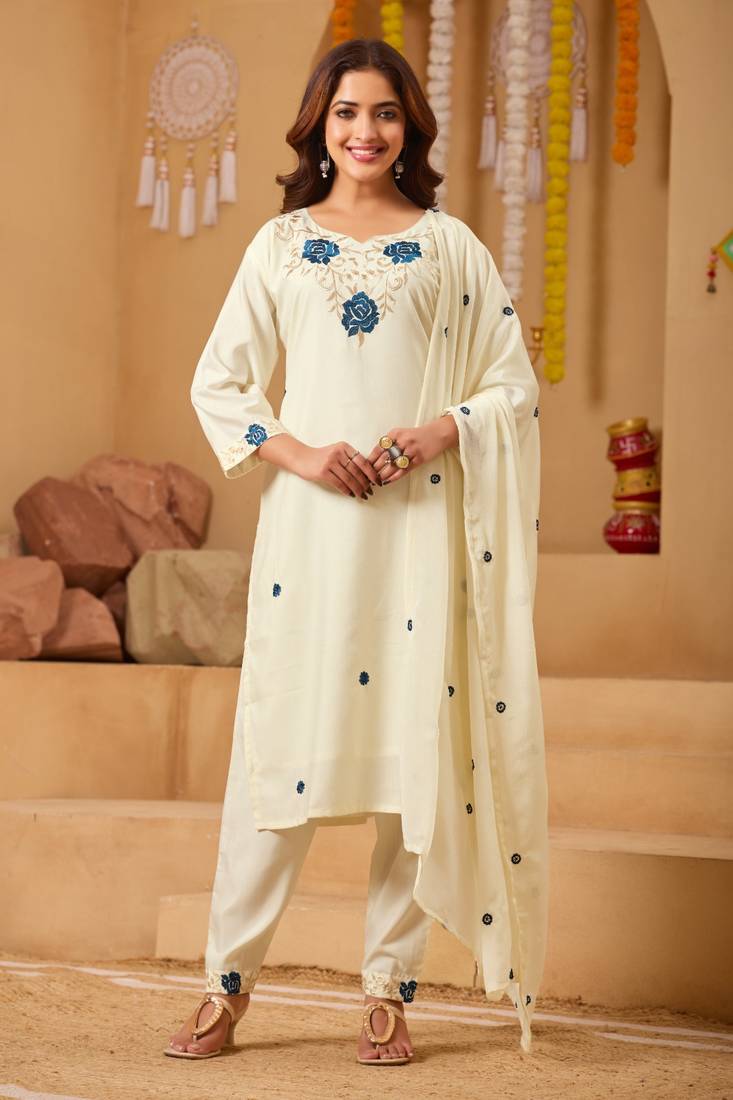 Elegant cream rayon embroidered kurti set with dupatta