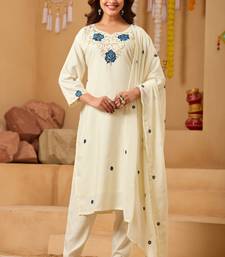 cream rayon embroidered kurti set with dupatta & pants