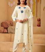 cream rayon embroidered kurti set with dupatta & pants
