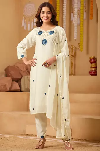 cream rayon embroidered kurti set with dupatta & pants