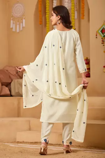 cream rayon embroidered kurti set with dupatta & pants