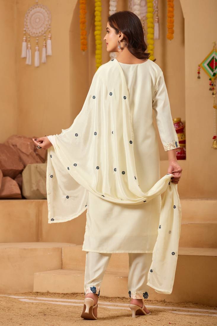 cream rayon embroidered kurti set with dupatta & pants