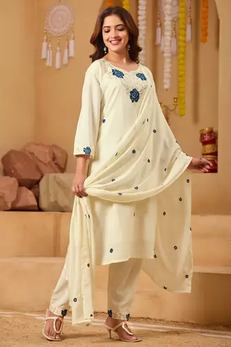 cream rayon embroidered kurti set with dupatta & pants