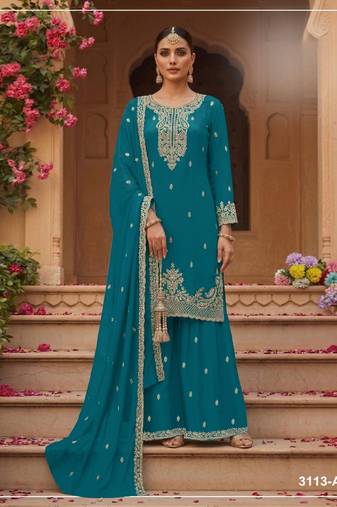 Teal blue faux georgette semi stitched suit with embroidery & sequence work