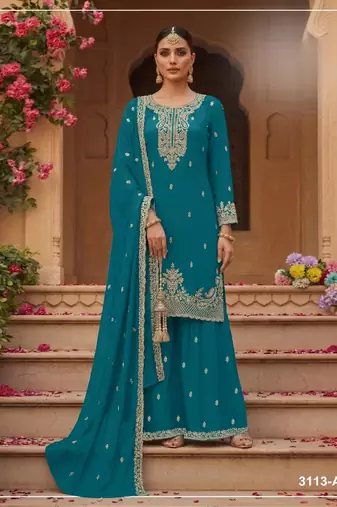 Teal blue faux georgette semi stitched suit with embroidery & sequence work