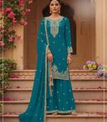 teal blue faux georgette embroidered semi stitched sharara