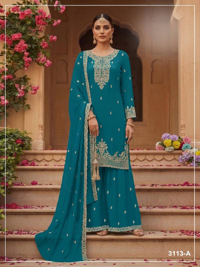 Teal blue faux georgette semi stitched suit with embroidery & sequence work