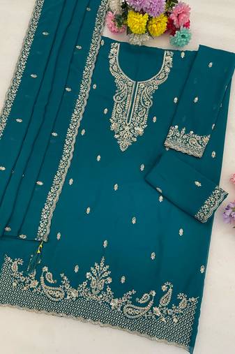 Teal blue faux georgette semi stitched suit with embroidery & sequence work