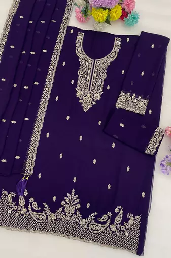 violet faux georgette embroidered semi stitched sharara set