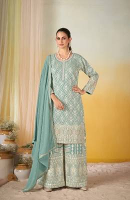 sky blue georgette embroidered palazzo suit with dupatta 1