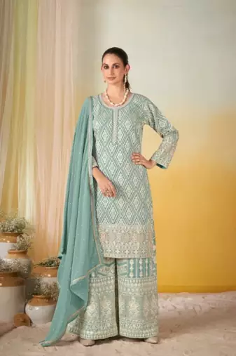 Sky blue georgette free size stitched suit with embroidery & sequence work