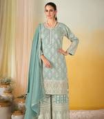 Sky blue georgette free size stitched suit with embroidery & sequence work