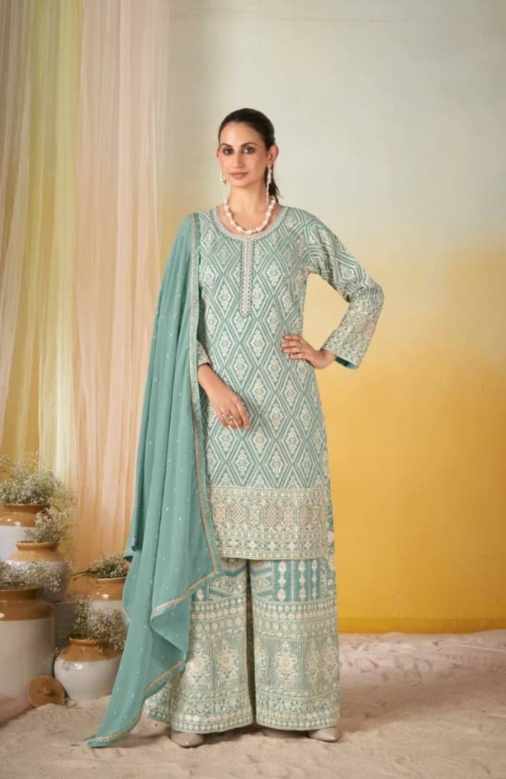 Sky blue georgette free size stitched suit with embroidery & sequence work