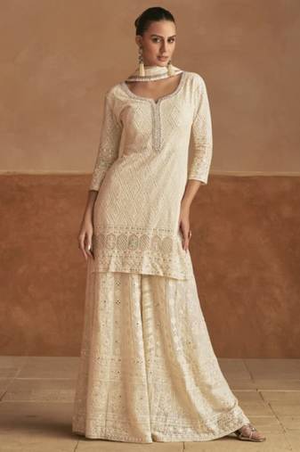 Cream georgette free size stitched suit with embroidery & sequence work