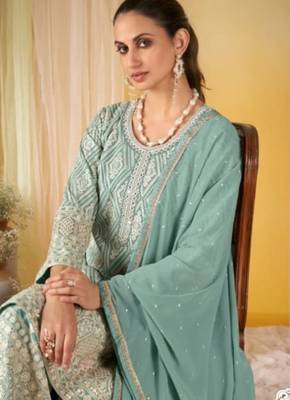 sky blue georgette embroidered palazzo suit with dupatta 2