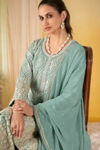 sky blue georgette embroidered palazzo suit with dupatta