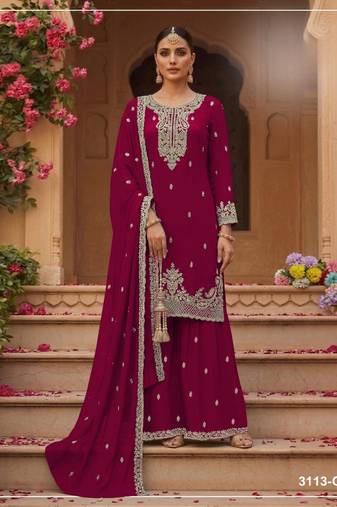 red faux georgette embroidered semi stitched sharara set