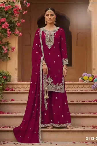 Red faux georgette semi stitched suit with embroidery & sequence work