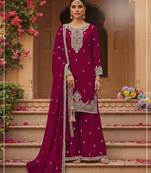 Red faux georgette semi stitched suit with embroidery & sequence work