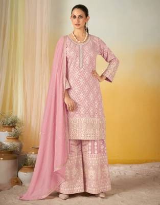 pink georgette embroidered palazzo suit with dupatta 1