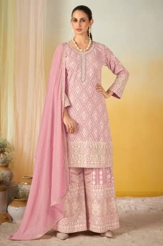 Pink georgette free size stitched suit with embroidery & sequence work