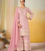 Pink georgette free size stitched suit with embroidery & sequence work