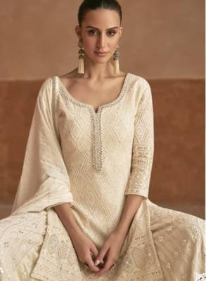 cream georgette embroidered palazzo suit with dupatta 2