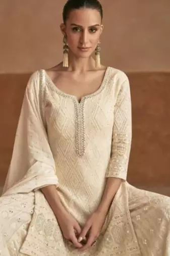 cream georgette embroidered palazzo suit with dupatta