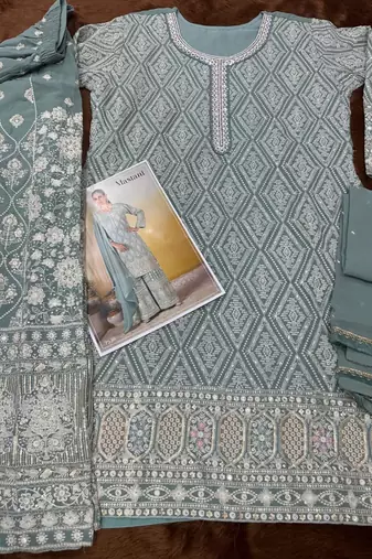 sky blue georgette embroidered palazzo suit with dupatta