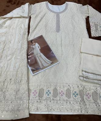 cream georgette embroidered palazzo suit with dupatta 3