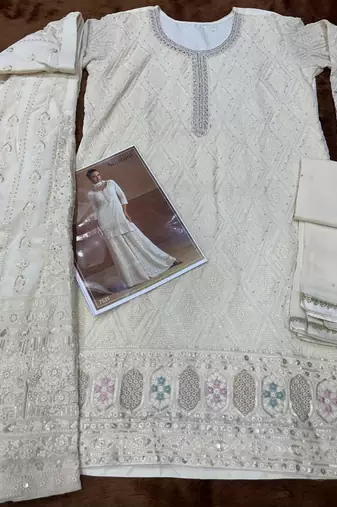 cream georgette embroidered palazzo suit with dupatta