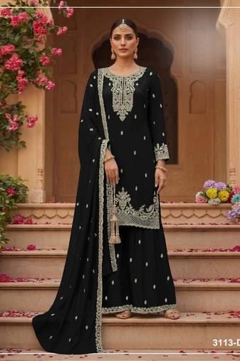 Black faux georgette semi stitched suit with embroidery & sequence work