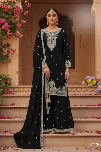 Black faux georgette semi stitched suit with embroidery & sequence work