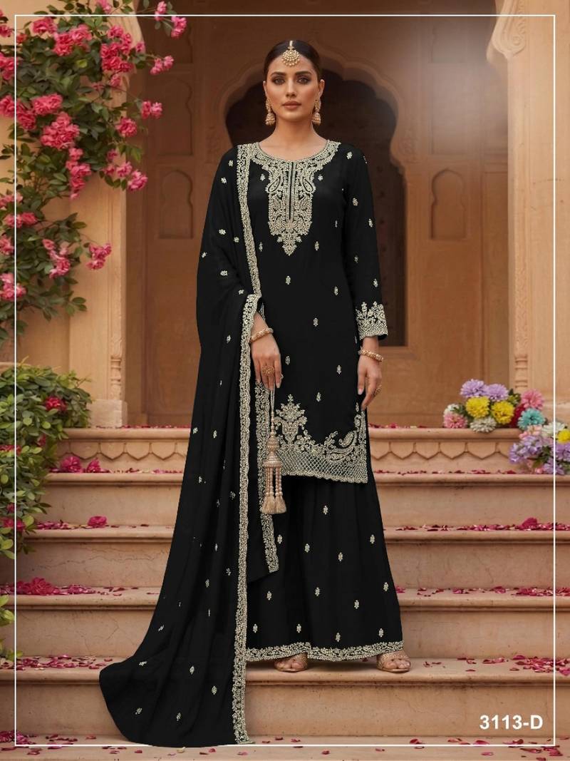 Black faux georgette semi stitched suit with embroidery & sequence work
