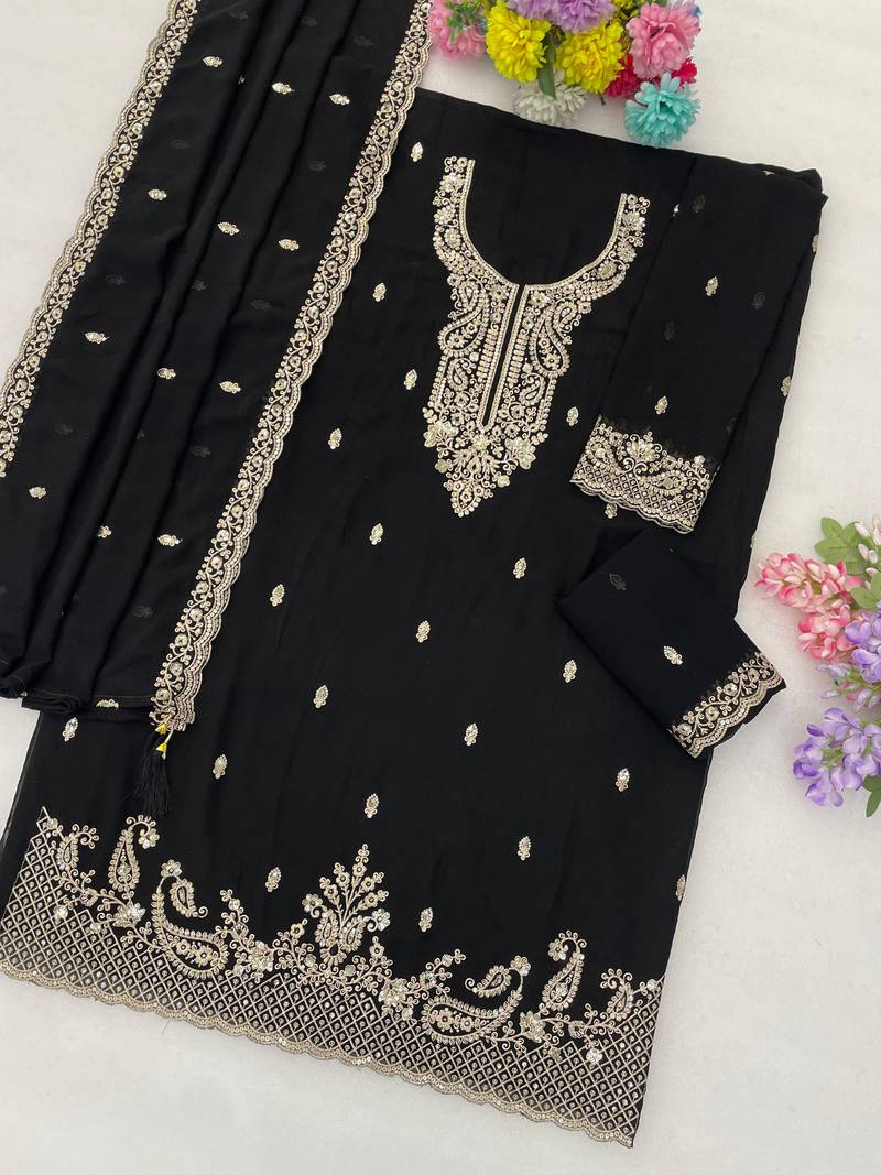 Black faux georgette semi stitched suit with embroidery & sequence work