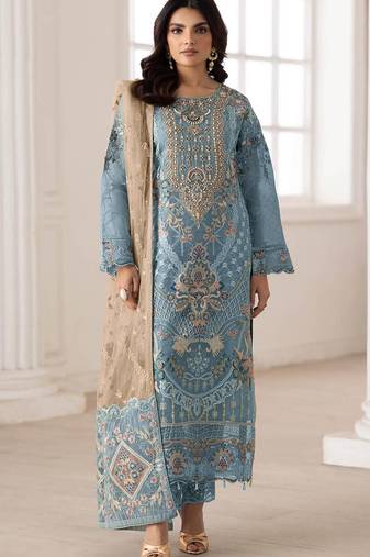 Blue silk semi stitched suit with embroidery & sequence work