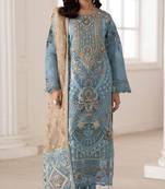 Blue silk semi stitched suit with embroidery & sequence work