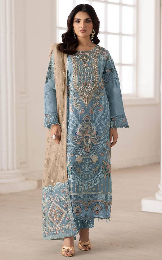 Blue silk semi stitched suit with embroidery & sequence work