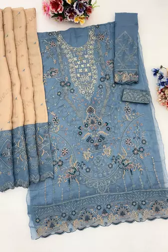 blue silk embroidered salwar kameez set